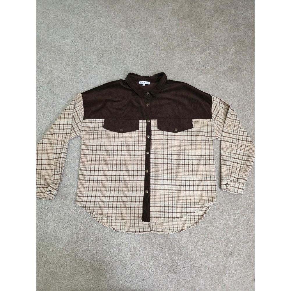 Hyfve Mens Brown Corduroy Plaid Mixed Media Snap Button Shirt Large